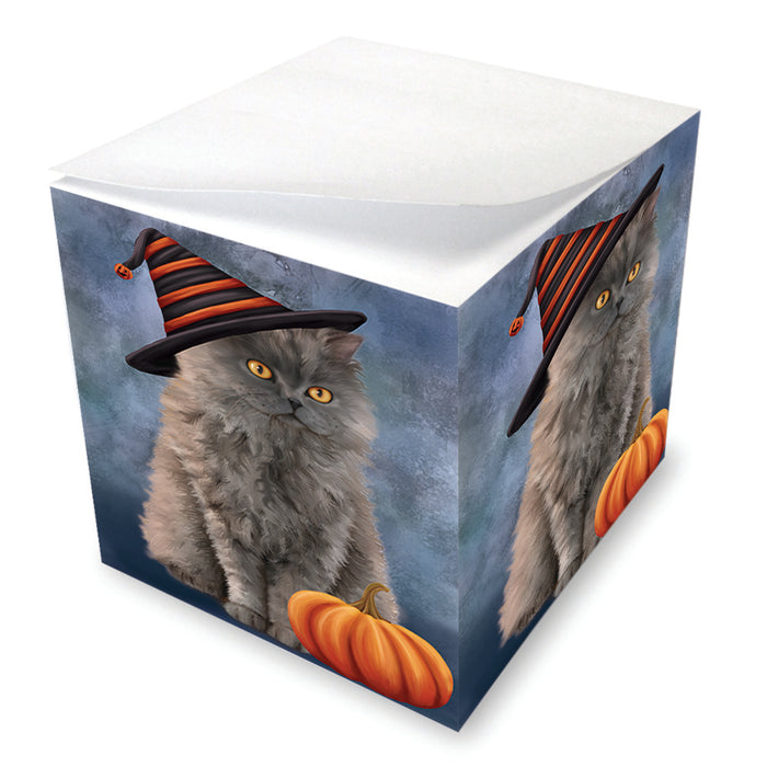 Happy Halloween Selkirk Rex Cat Wearing Witch Hat with Pumpkin Note Cube NOC56451