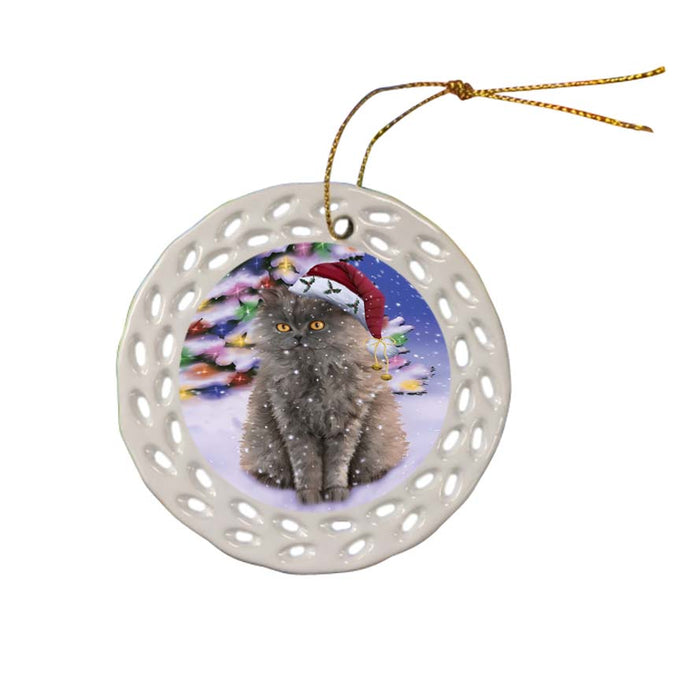 Winterland Wonderland Selkirk Rex Cat In Christmas Holiday Scenic Background Ceramic Doily Ornament DPOR56078