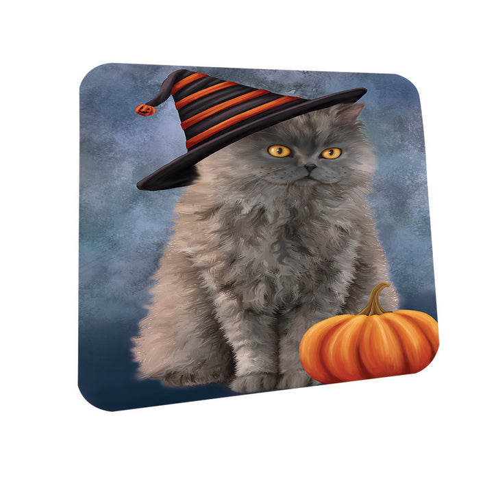 Happy Halloween Selkirk Rex Cat Wearing Witch Hat with Pumpkin Coasters Set of 4 CST54763