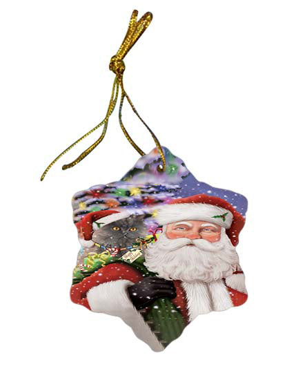 Santa Carrying Selkirk Rex Cat and Christmas Presents Star Porcelain Ornament SPOR55881