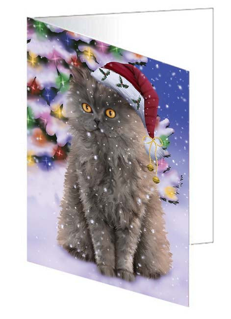 Winterland Wonderland Selkirk Rex Cat In Christmas Holiday Scenic Background Handmade Artwork Assorted Pets Greeting Cards and Note Cards with Envelopes for All Occasions and Holiday Seasons GCD71681