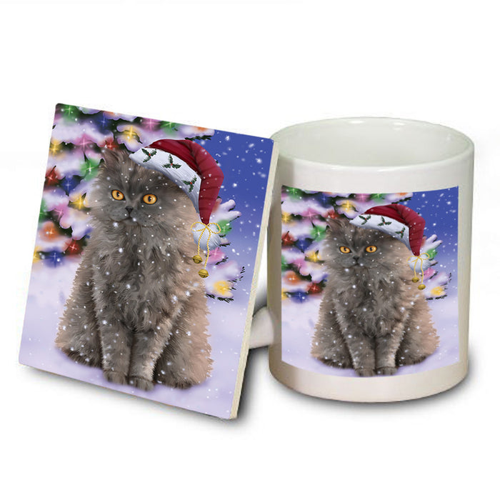 Winterland Wonderland Selkirk Rex Cat In Christmas Holiday Scenic Background Mug and Coaster Set MUC55714