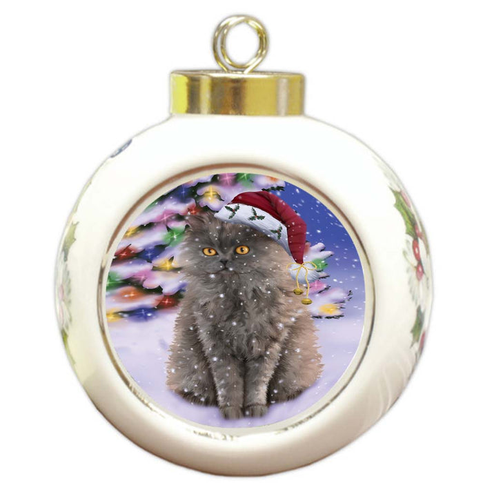 Winterland Wonderland Selkirk Rex Cat In Christmas Holiday Scenic Background Round Ball Christmas Ornament RBPOR56078