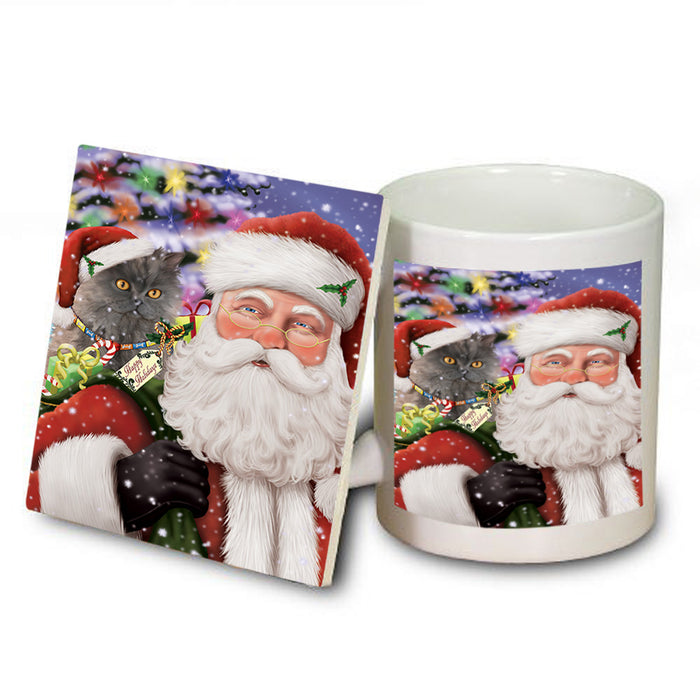 Santa Carrying Selkirk Rex Cat and Christmas Presents Mug and Coaster Set MUC55517