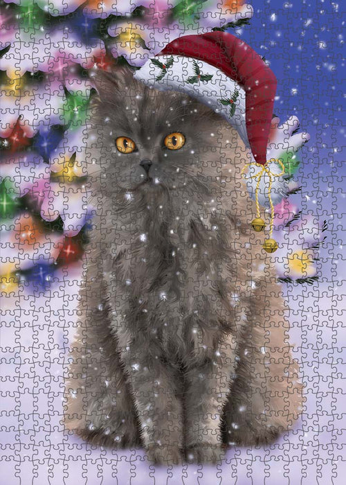 Winterland Wonderland Selkirk Rex Cat In Christmas Holiday Scenic Background Puzzle  PUZL91092