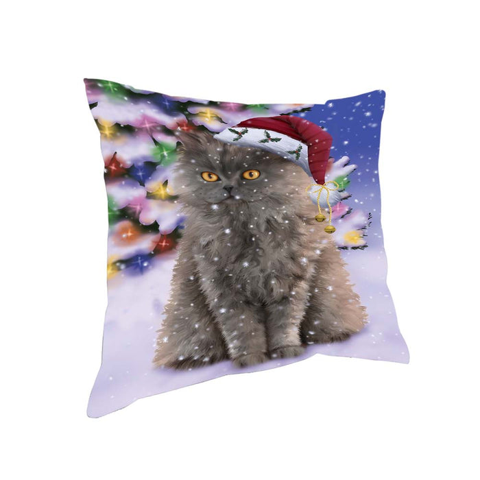 Winterland Wonderland Selkirk Rex Cat In Christmas Holiday Scenic Background Pillow PIL71816