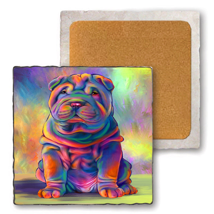 Paradise Wave Shar-Pei Dog Set of 4 Natural Stone Marble Tile Coasters MCST51734