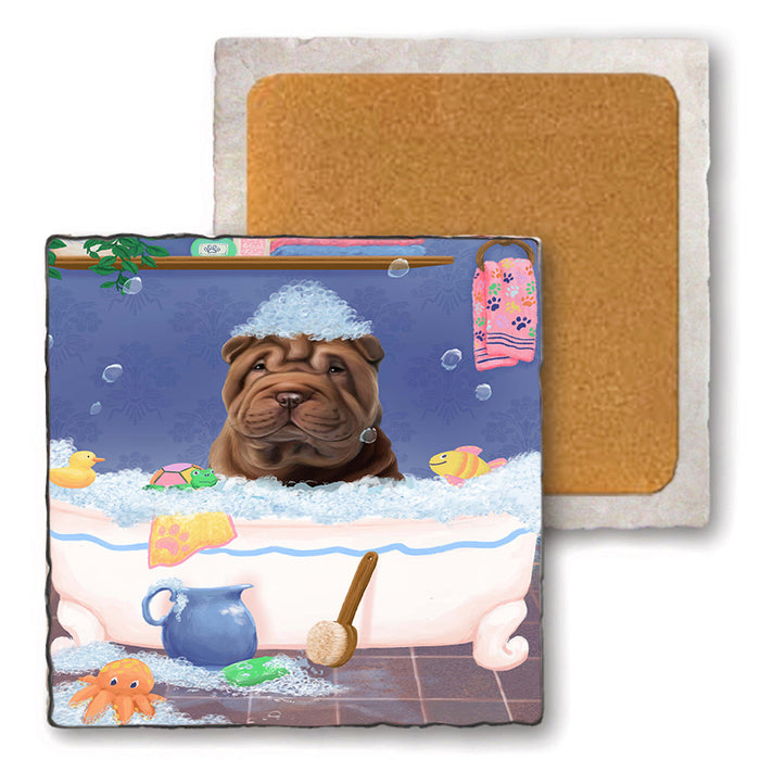 Rub A Dub Dog In A Tub Shar Pei Dog Set of 4 Natural Stone Marble Tile Coasters MCST52442