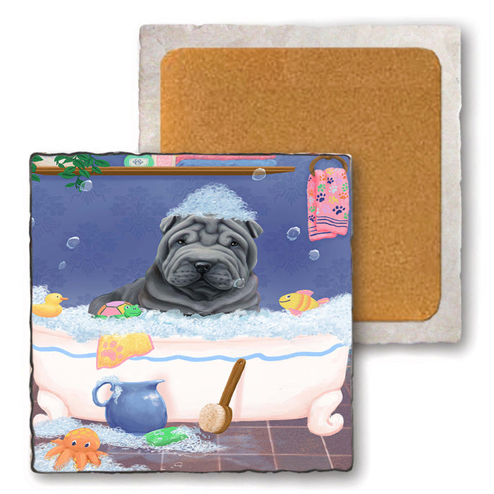 Rub A Dub Dog In A Tub Shar Pei Dog Set of 4 Natural Stone Marble Tile Coasters MCST52439