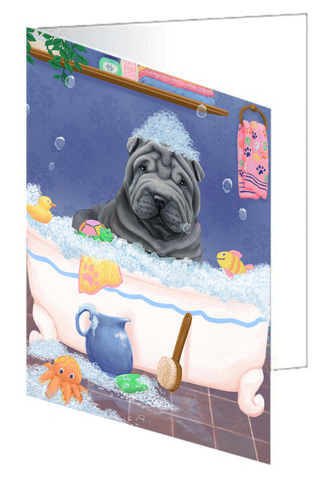 Rub A Dub Dog In A Tub Shar Pei Dog Handmade Artwork Assorted Pets Greeting Cards and Note Cards with Envelopes for All Occasions and Holiday Seasons GCD79631