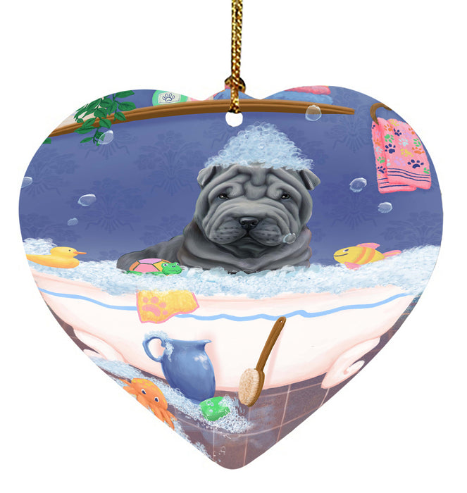 Rub A Dub Dog In A Tub Shar Pei Dog Heart Christmas Ornament HPORA58679