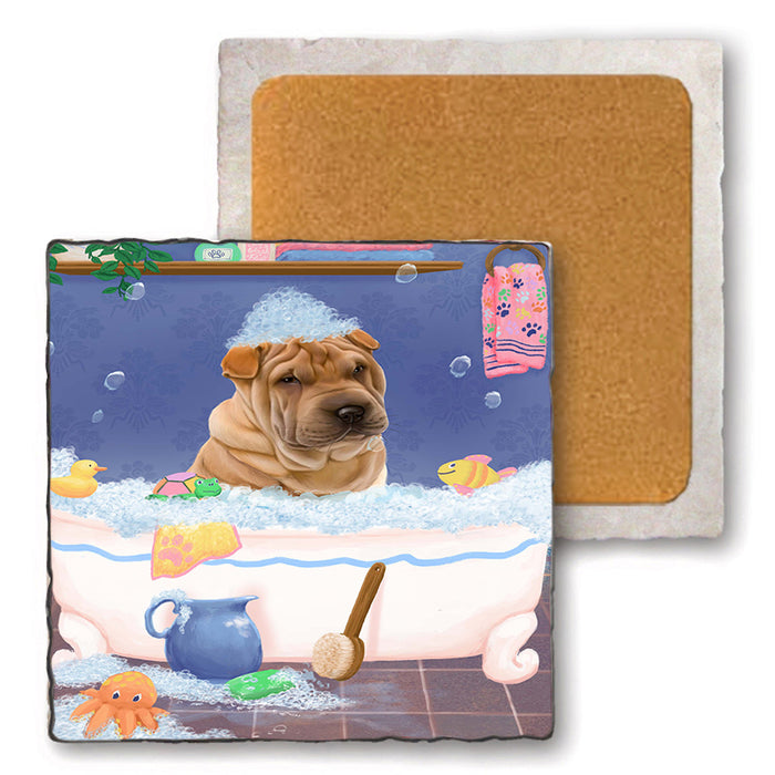 Rub A Dub Dog In A Tub Shar Pei Dog Set of 4 Natural Stone Marble Tile Coasters MCST52440
