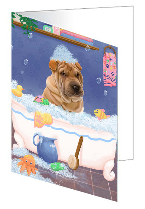 Rub A Dub Dog In A Tub Shar Pei Dog Handmade Artwork Assorted Pets Greeting Cards and Note Cards with Envelopes for All Occasions and Holiday Seasons GCD79634