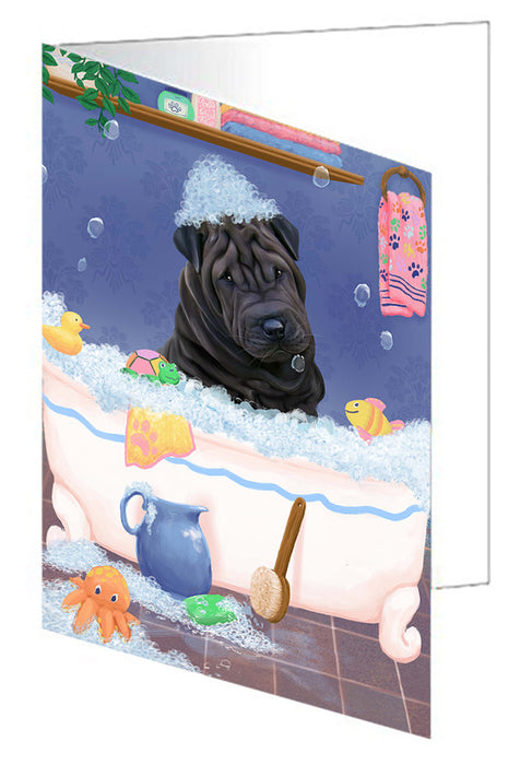 Rub A Dub Dog In A Tub Shar Pei Dog Handmade Artwork Assorted Pets Greeting Cards and Note Cards with Envelopes for All Occasions and Holiday Seasons GCD79637