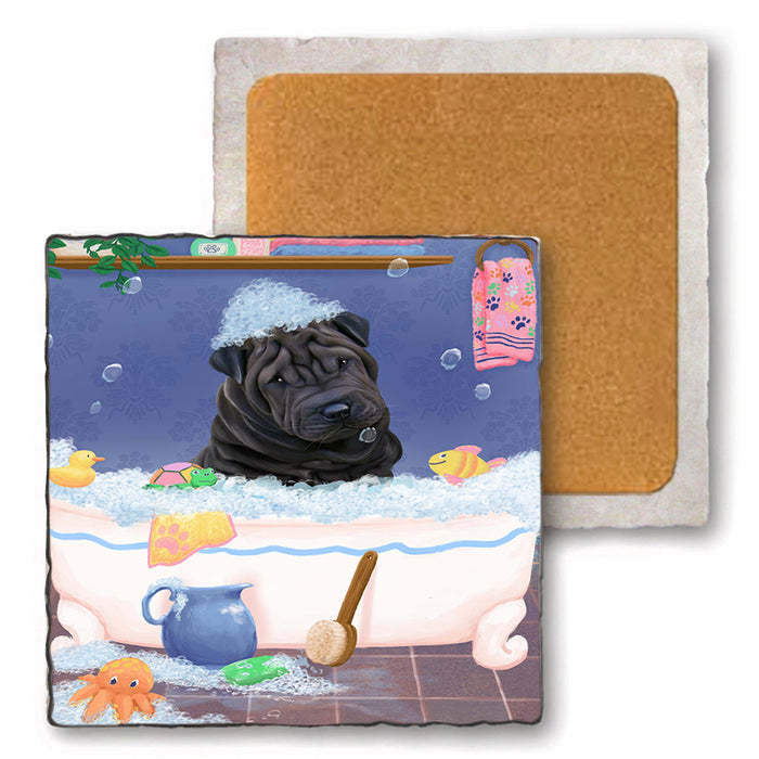 Rub A Dub Dog In A Tub Shar Pei Dog Set of 4 Natural Stone Marble Tile Coasters MCST52441