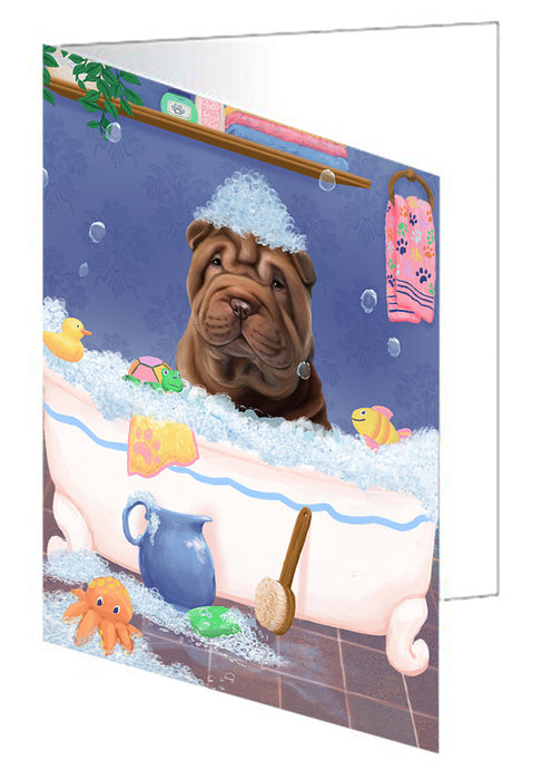 Rub A Dub Dog In A Tub Shar Pei Dog Handmade Artwork Assorted Pets Greeting Cards and Note Cards with Envelopes for All Occasions and Holiday Seasons GCD79640