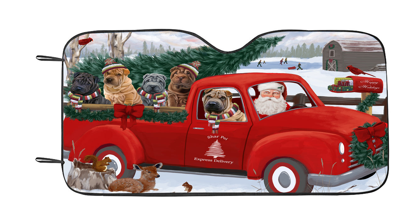 Christmas Santa Express Delivery Red Truck Shar Pei Dogs Car Sun Shade