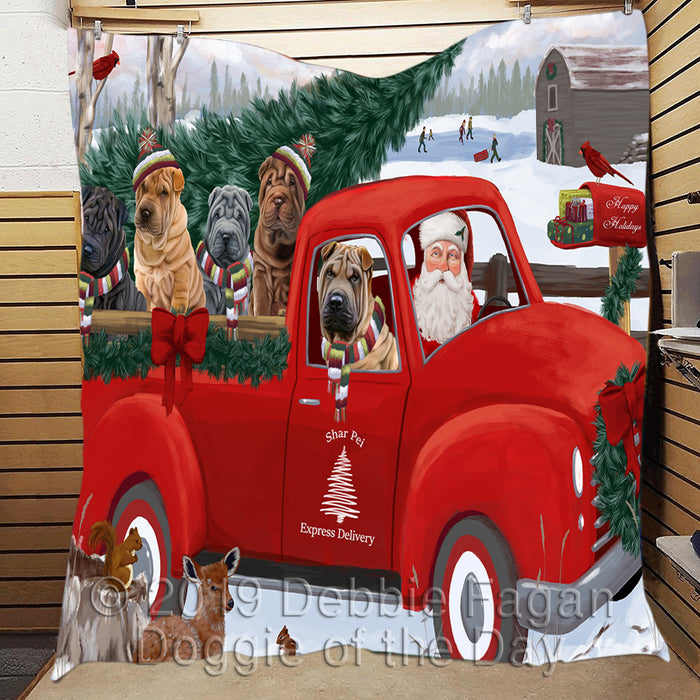 Christmas Santa Express Delivery Red Truck Shar Pei Dogs Quilt