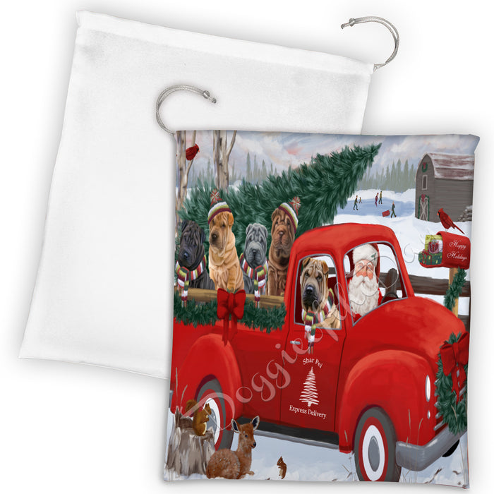 Christmas Santa Express Delivery Red Truck Shar Pei Dogs Drawstring Laundry or Gift Bag LGB48338