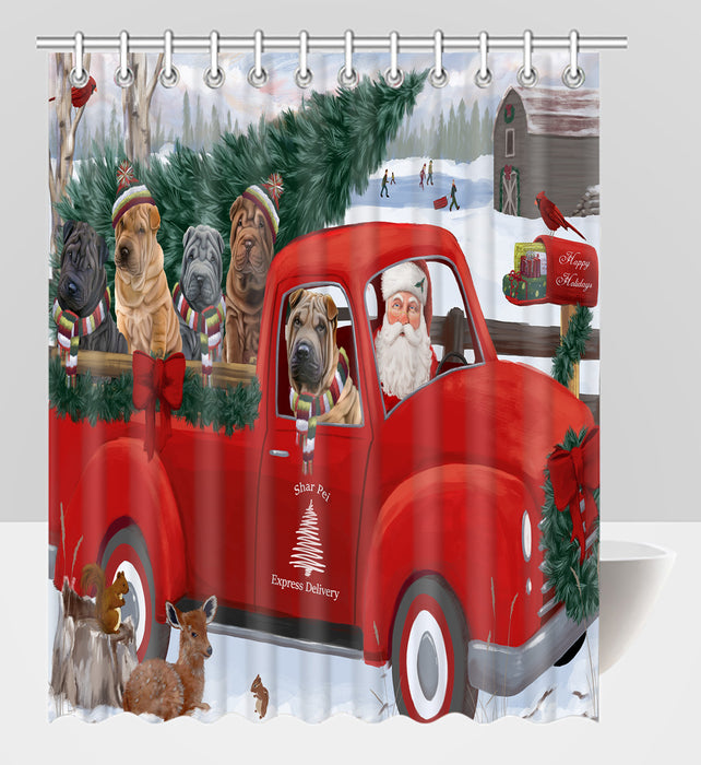 Christmas Santa Express Delivery Red Truck Shar Pei Dogs Shower Curtain