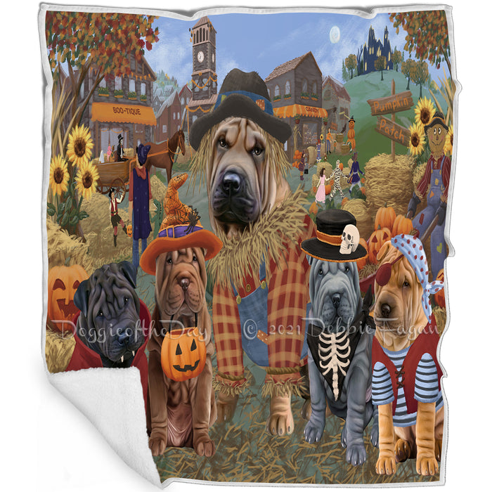 Halloween 'Round Town And Fall Pumpkin Scarecrow Both Shar Pei Dogs Blanket BLNKT143644