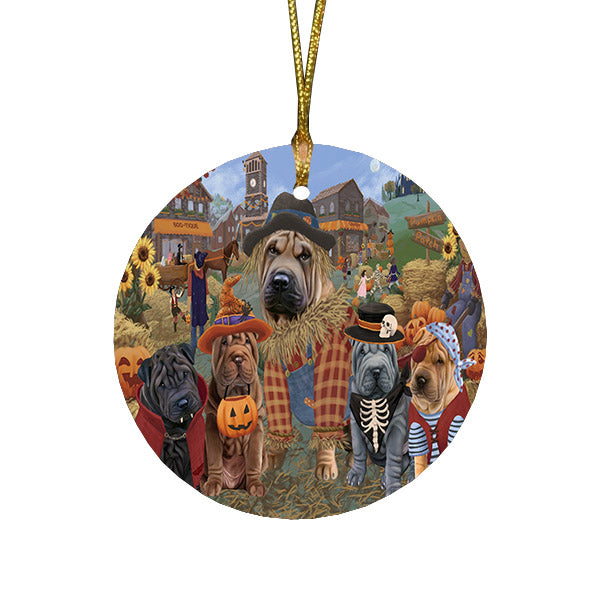 Halloween 'Round Town And Fall Pumpkin Scarecrow Both Shar Pei Dogs Round Flat Christmas Ornament RFPOR57605