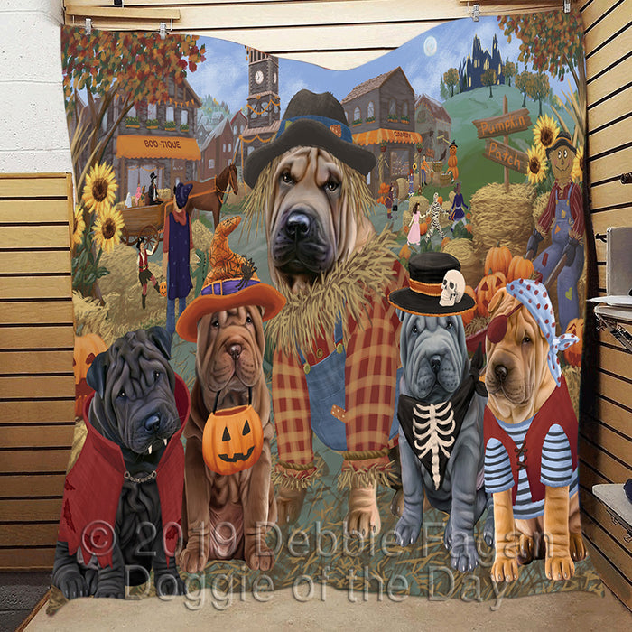 Halloween 'Round Town and Fall Pumpkin Scarecrow Both Shar Pei Dogs Quilt
