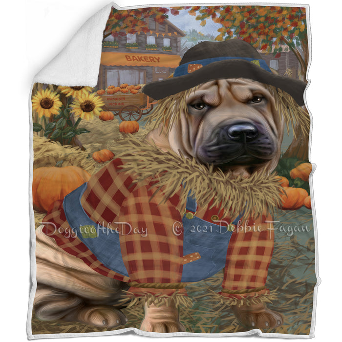 Halloween 'Round Town And Fall Pumpkin Scarecrow Both Shar Pei Dogs Blanket BLNKT143645