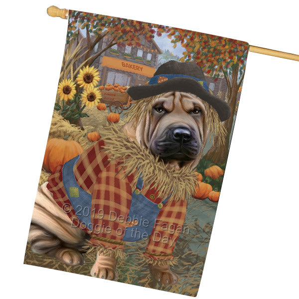 Fall Pumpkin Scarecrow Shar Pei Dogs House Flag FLG65974