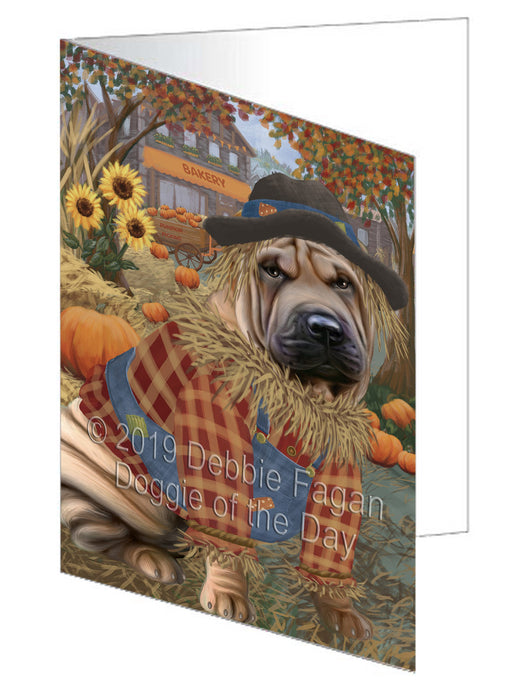 Fall Pumpkin Scarecrow Shar Pei Dogs Handmade Artwork Assorted Pets Greeting Cards and Note Cards with Envelopes for All Occasions and Holiday Seasons GCD78632