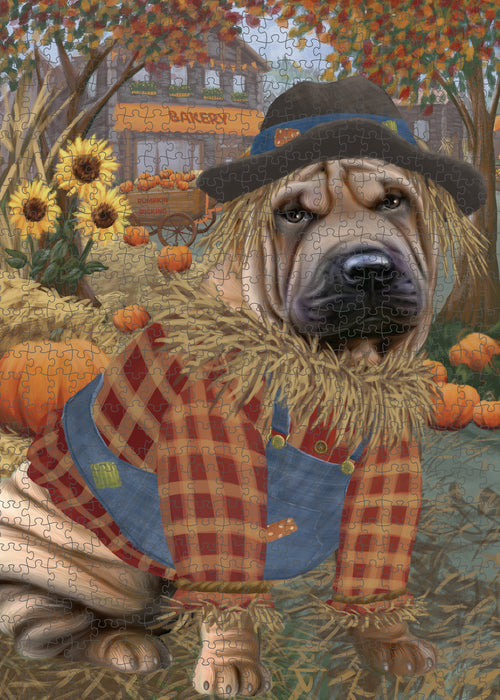 Fall Pumpkin Scarecrow Shar Pei Dogs Puzzle with Photo Tin PUZL99016