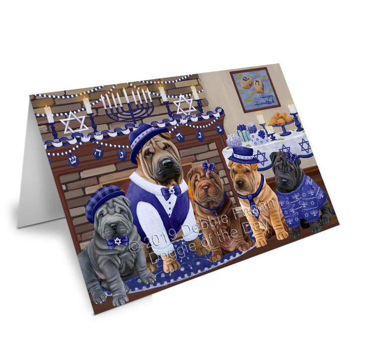 Happy Hanukkah Family Shar Pei Dogs Handmade Artwork Assorted Pets Greeting Cards and Note Cards with Envelopes for All Occasions and Holiday Seasons GCD78539