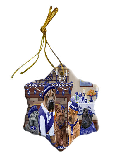 Happy Hanukkah Family Shar Pei Dogs Star Porcelain Ornament SPOR57731