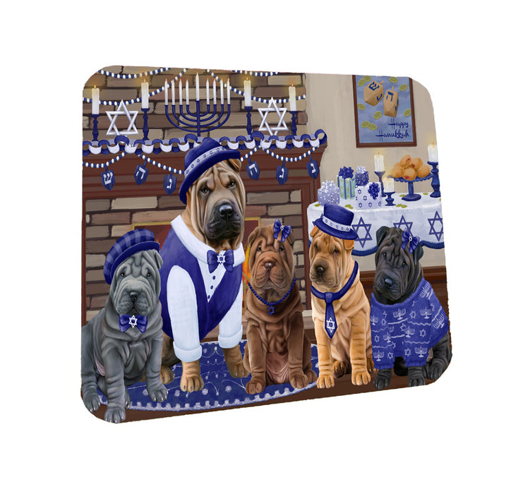 Happy Hanukkah Family Shar Pei Dogs Coasters Set of 4 CSTA57874
