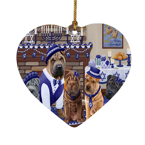 Happy Hanukkah Family Shar Pei Dogs Heart Christmas Ornament HPOR57731