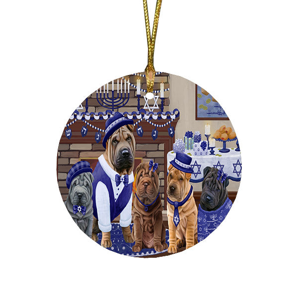 Happy Hanukkah Family and Happy Hanukkah Both Shar Pei Dogs Round Flat Christmas Ornament RFPOR57635