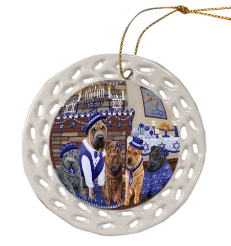 Happy Hanukkah Family Shar Pei Dogs Doily Ornament DPOR57915