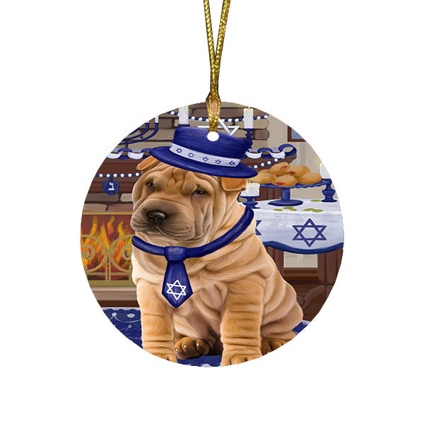 Happy Hanukkah Family and Happy Hanukkah Both Shar Pei Dog Round Flat Christmas Ornament RFPOR57696