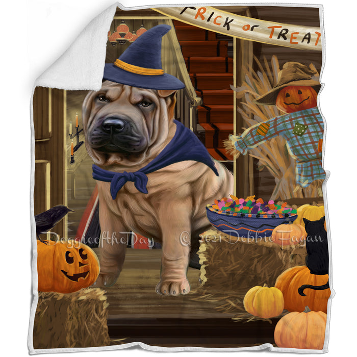 Enter at Own Risk Trick or Treat Halloween Shar Pei Dog Blanket BLNKT96807