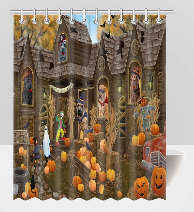 Haunted House Halloween Trick or Treat Shar Pei Dogs Shower Curtain