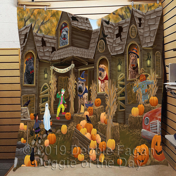 Haunted House Halloween Trick or Treat Shar Pei Dogs Quilt