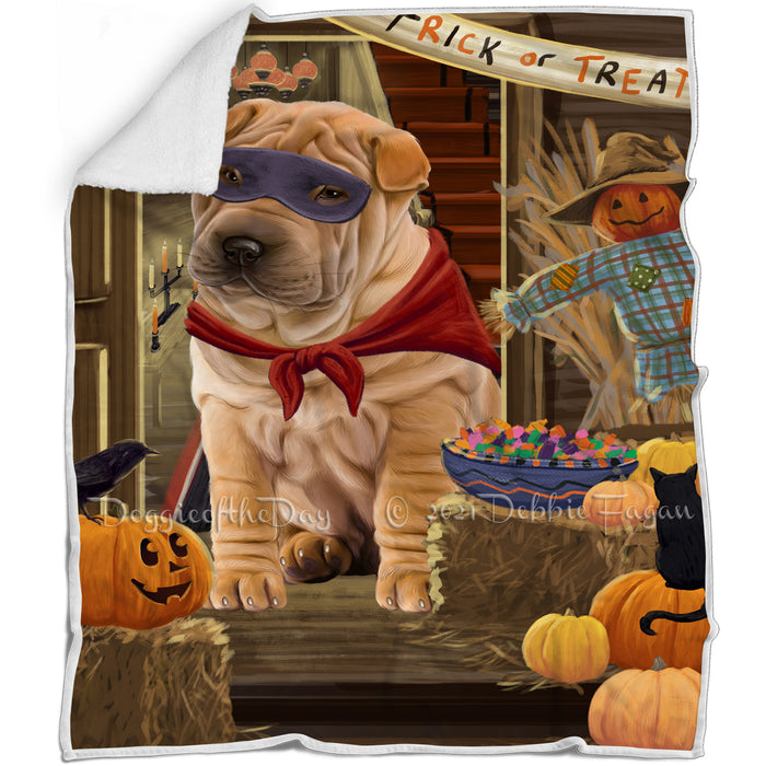 Enter at Own Risk Trick or Treat Halloween Shar Pei Dog Blanket BLNKT96816