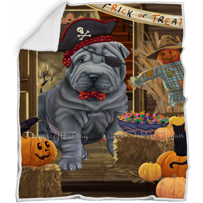 Enter at Own Risk Trick or Treat Halloween Shar Pei Dog Blanket BLNKT96825