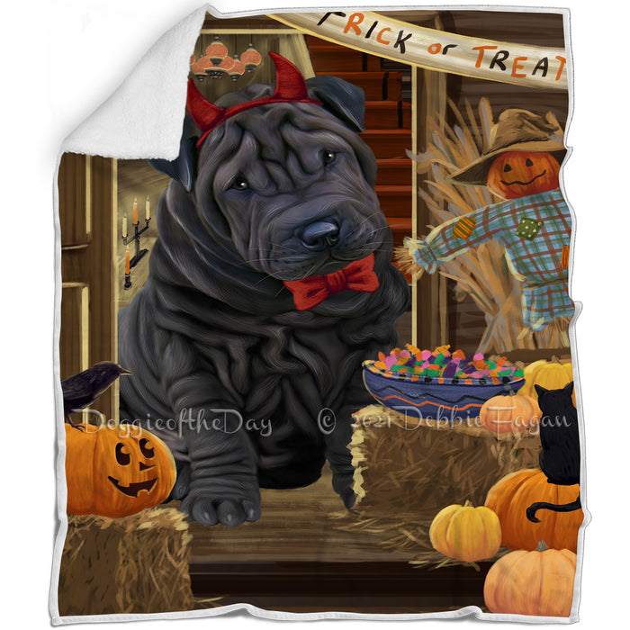 Enter at Own Risk Trick or Treat Halloween Shar Pei Dog Blanket BLNKT96834