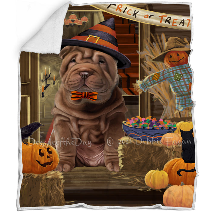 Enter at Own Risk Trick or Treat Halloween Shar Pei Dog Blanket BLNKT96843