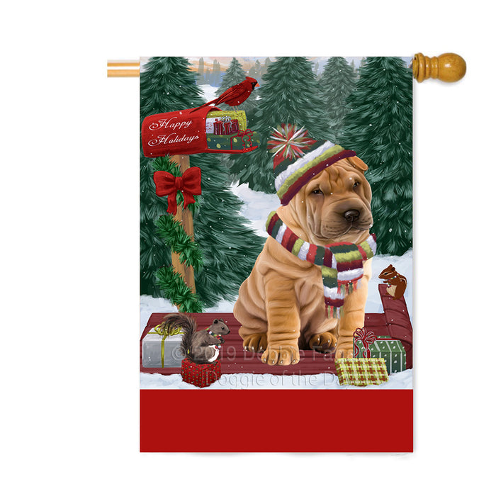 Personalized Merry Christmas Woodland Sled Shar Pei Dog Custom House Flag FLG-DOTD-A61737