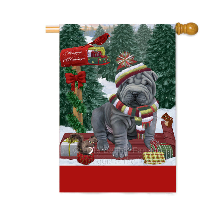 Personalized Merry Christmas Woodland Sled Shar Pei Dog Custom House Flag FLG-DOTD-A61738