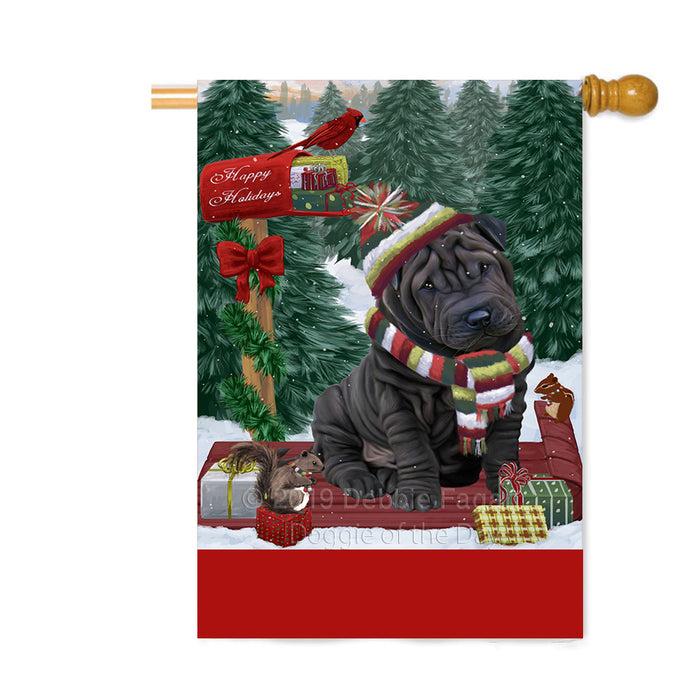 Personalized Merry Christmas Woodland Sled Shar Pei Dog Custom House Flag FLG-DOTD-A61740