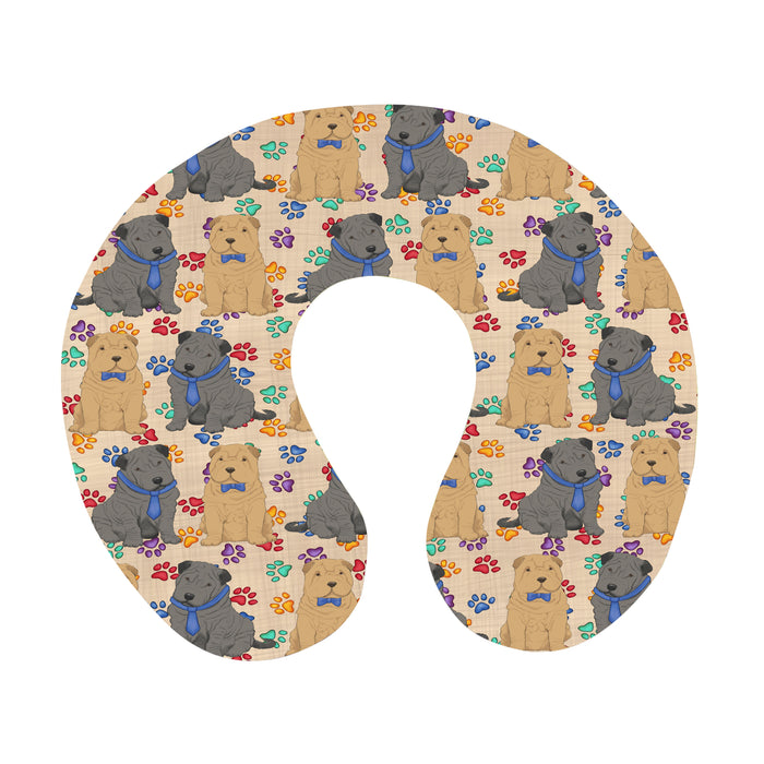 Rainbow Paw Print Shar Pei Dogs Blue U-Shape Travel Pillow