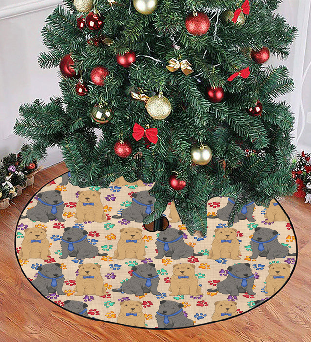 Rainbow Paw Print Shar Pei Dogs Blue Christmas Tree Skirt